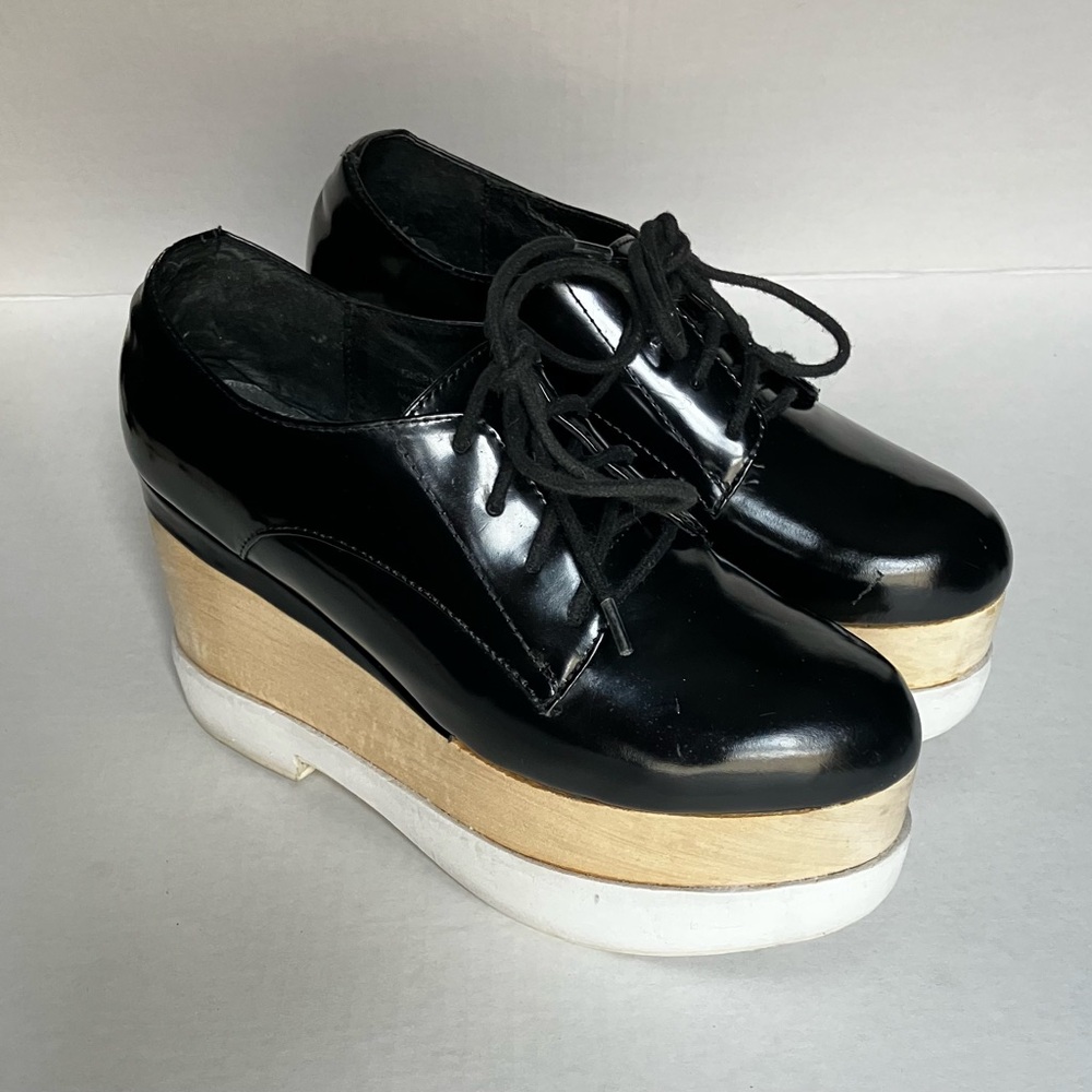 Jeffrey Campbell Digby Wood Black Patent Leather Platform Oxford Size 7.5/8